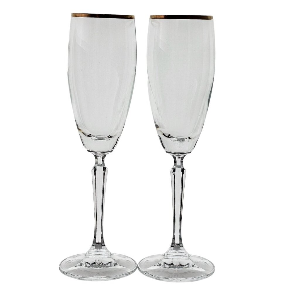 2 Schott Zwiesel Concord Gold Champagne Glasses 9" 1990s gold rim stemware vtg G - Picture 1 of 9